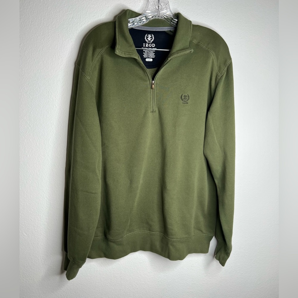 Izod Mens Sweater Large Green Heather Quarter Zip Pullover Fleece